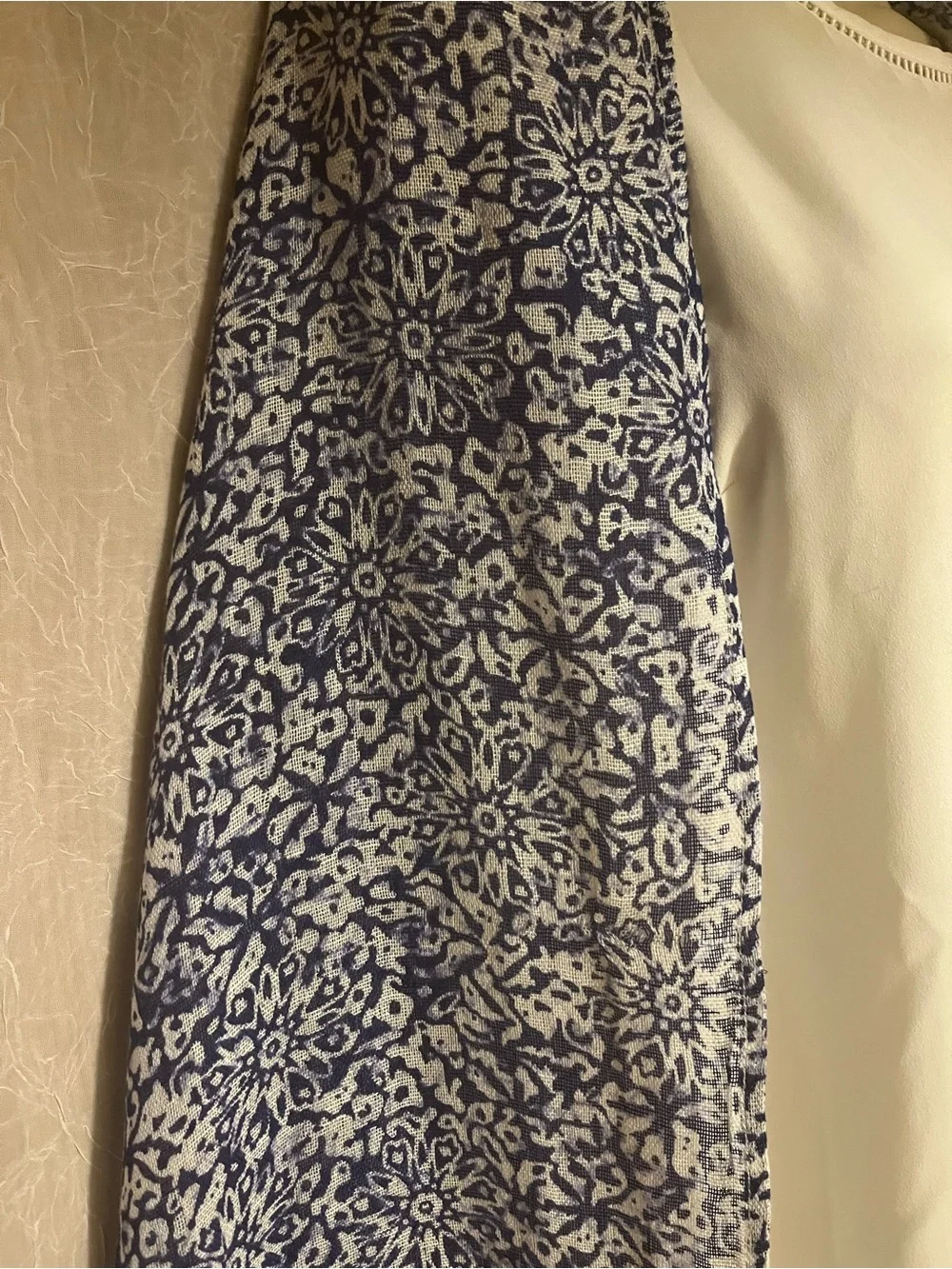 Lands' End Navy and White Floral-Print Scarf with Fringe